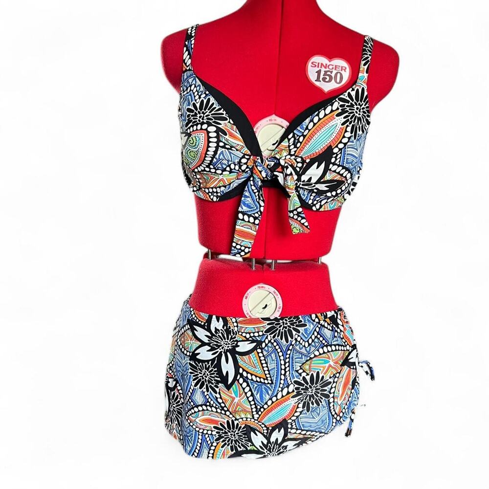 Captiva Y2K Floral‎ Multicolor Tie Front Bikini Scrunched Skirt Bottom Medium
